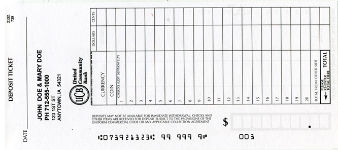 UCB Business Deposit Slip Image